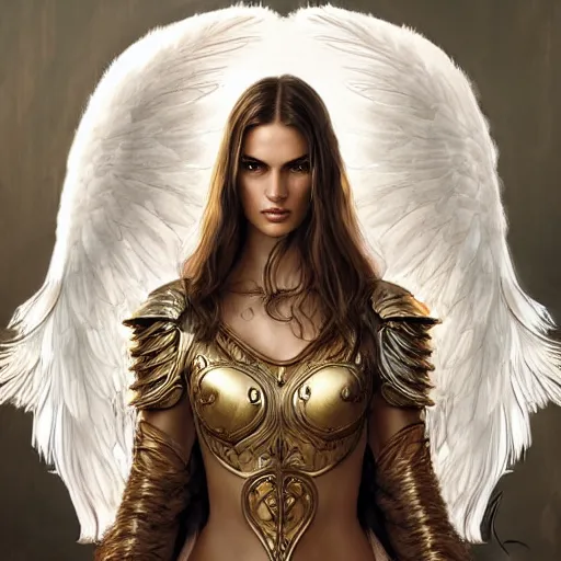 Image similar to portrait of young aasimar angel girl maiden wearing comfy leather armor with beautiful feathered angel wings, Alessandra Ambrosio, innocent, intricate, elegant, highly detailed, digital painting, artstation, concept art, smooth, sharp focus, illustration, art by artgerm and greg rutkowski and alphonse mucha