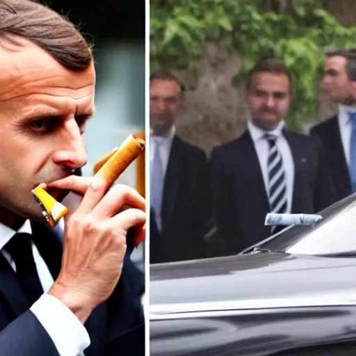 Prompt: macron smoking a hand - rolled cigarette next to a mercedes