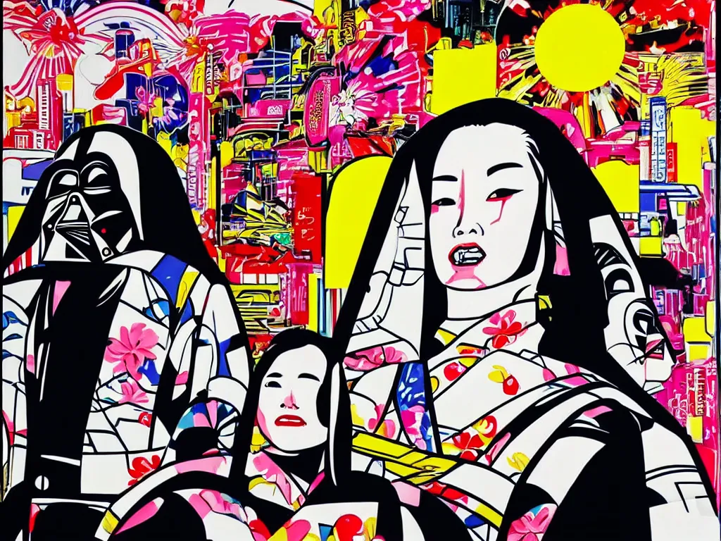 Image similar to hyperrealistic composition, in the middle a woman in a japanese kimono, behind her stands darth vader, in front of her a table from the casino, in the background is mount fuji and fireworks, pop - art style, jacky tsai style, andy warhol style, roy lichtenstein style, acrylic on canvas