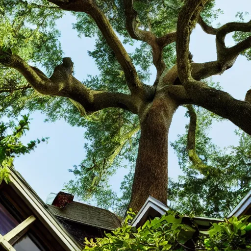 Image similar to a house with a tree growing on it's roof, the photo was taken from the ground looking up at the tree, realistic, ultra high detail, ambient lighting, 8k.