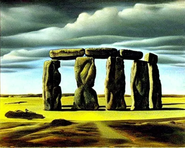 Prompt: surreal objects and actions. painting of Stonehenge by Salvador Dali. several layers of perspective. Manifestations of the subconscious. Cryptic symbolism. Many points of view. mind bending illusions of perception