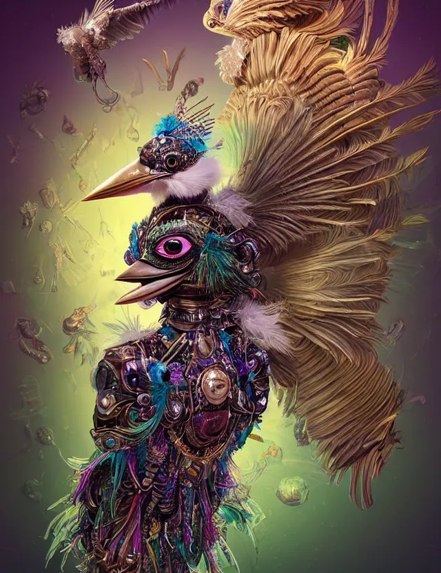 Image similar to 3 d goddess wide angle portrait with feathers, fur, and bones. beautiful intricately detailed avante garde kookaburra mask and retrowave sorceress outfit. lizard, reflective chitin, optical mineralogy, mycelium, mushrooms, plasma, creature, artwork by tooth wu and android jones wlop and android jones and beeple and greg rutkowski