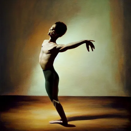 Image similar to painting of peanut with arms and legs and a face dancing ballet, studio, mirrors, lighting