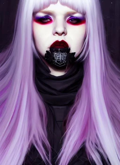 Image similar to portrait of white teenage girl, normal face, white bangs, mall goth, cyberlox, black and white hair, bangs, fluffy bangs, red contact lenses, purple lipstick, intricate, elegant, highly detailed, digital painting, artstation, concept art, sharp focus, smooth, illustration, art by wlop, mars ravelo and greg rutkowski