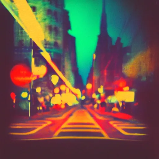 Image similar to colorful instant photograph of the middle of the street at night, polaroid, light leak, raw, nostalgic