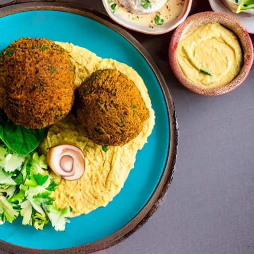 Image similar to a hummus plate with falafel, food photography