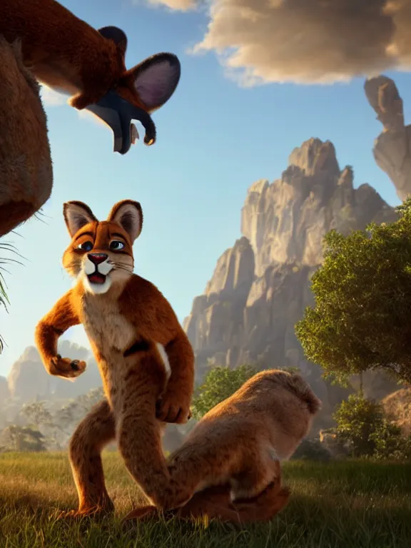 Image similar to a film still from the movie zootopia main character portrait anthro anthropomorphic mountain lion head animal person fursona wearing gym shorts at the gym pixar disney dreamworks animation sharp rendered in unreal engine 5 octane key art by greg rutkowski bloom dramatic lighting modeling expert masterpiece render