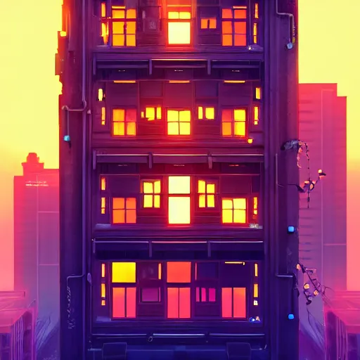 Image similar to One dilapidated building with only one window glowing. ArtStation, Cyberpunk, Vertical Symmetry, 8K, Highly Detailed, Intricate, Album Art.