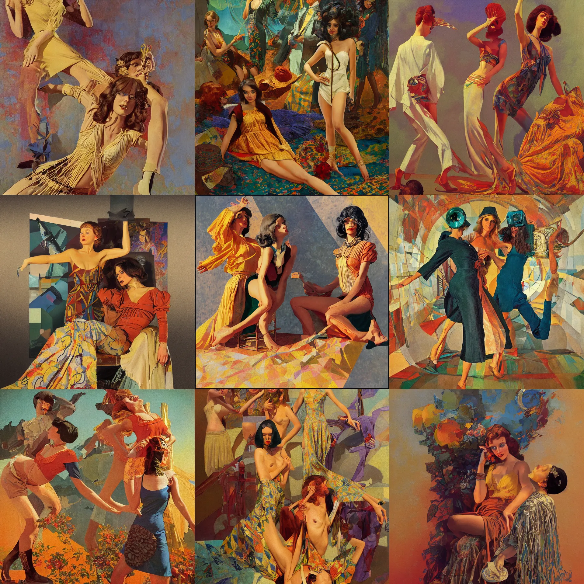 Image similar to pulp art, 1970s hippie cloth style, artwork by Joseph Leyendecker and Hugh Ferriss and gil elvgren and ilya repin and sergey kolesov, geometric shapes, impressionism, soviet paintings, 3d octane blender render, progressive rock album cover