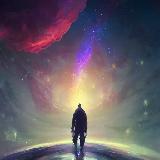 Image similar to digital painting of a man ascending to galactical bliss, stars and nebulas behind, dynamic lighting, cinematic shot, concept art, sci - fi, fantasy, artstation, alphonse mucha, greg rutkowski