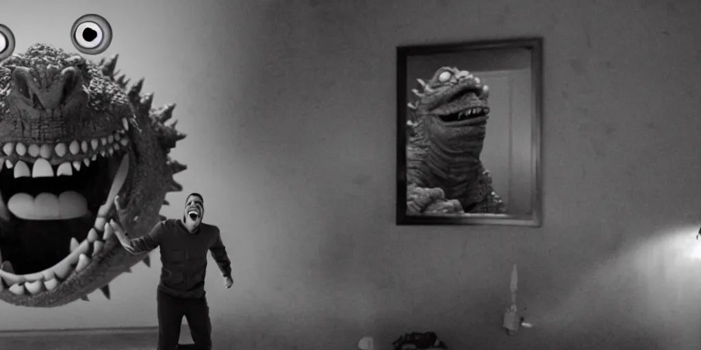 Image similar to a still from a movie, wide angle, 2 1 mm, godzilla with human teeth and googly eyes, being an idiot and laughing at a joke, real, weird, strange, funny