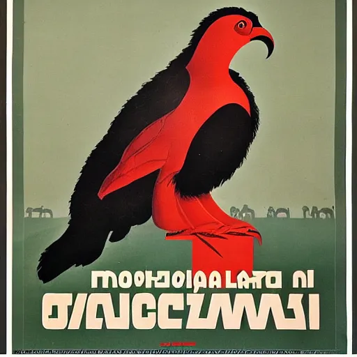 Image similar to soviet propaganda poster depicting a dromaius novaehollandiae in military uniform