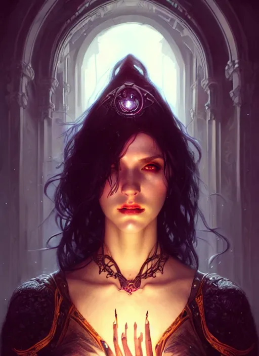 Image similar to Necromancer Sorceress, fantasy magic, undercut hairstyle, dark light night, intricate, elegant, sharp focus, illustration, highly detailed, digital painting, concept art, matte, art by WLOP and Artgerm and Greg Rutkowski and Alphonse Mucha, masterpiece