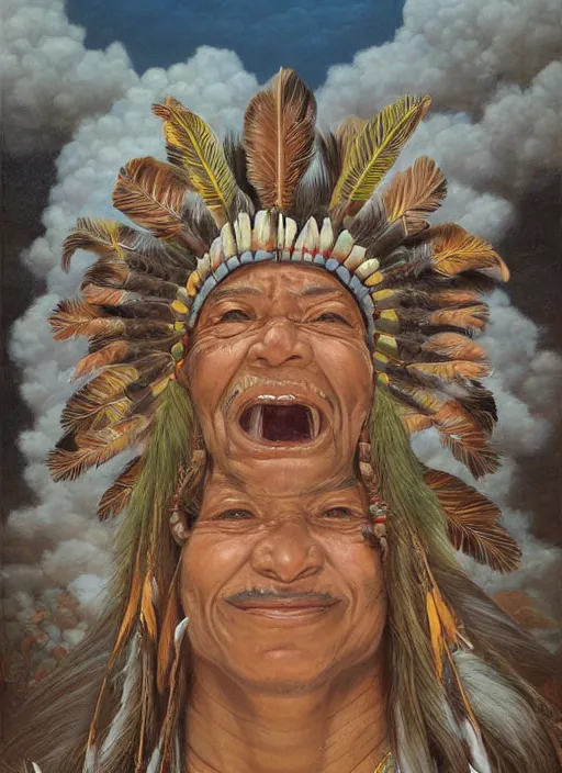 Image similar to faces of indigenous amazonian grandfathers and grandmothers spirits in the clouds, smiling, protection, benevolence, ancestors, detailed faces, symetrical, religious painting, art by christophe vacher and alex gray