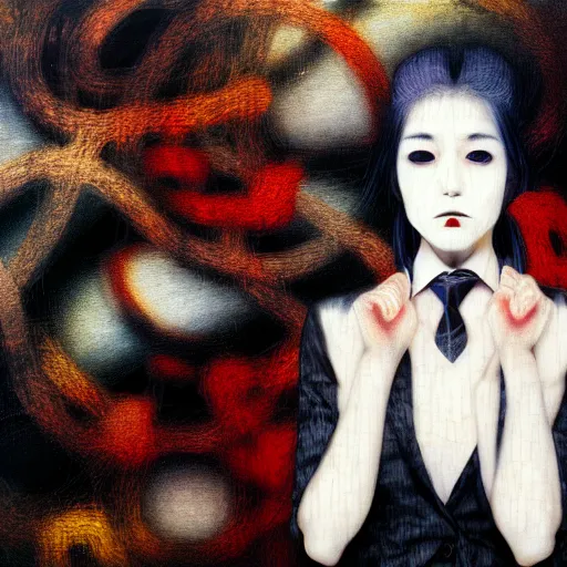 Image similar to yoshitaka amano blurred and dreamy realistic three quarter angle portrait of a young woman with black lipstick and black eyes wearing office suit with tie, junji ito abstract patterns in the background, satoshi kon anime, noisy film grain effect, highly detailed, renaissance oil painting, weird portrait angle, blurred lost edges