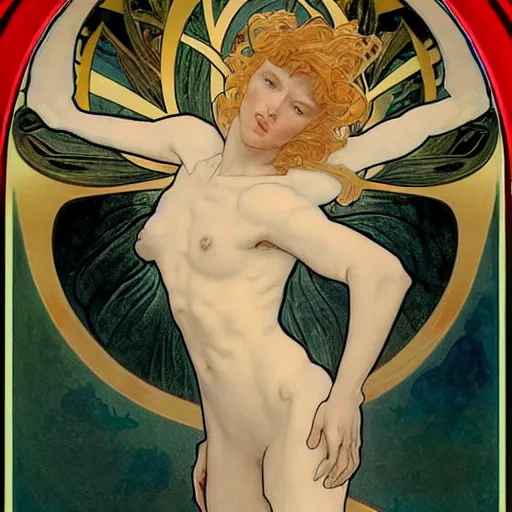 Image similar to A extreme long shot, stunning, breathtaking, awe-inspiring, award-winning, ground breaking, concept art, nouveau painting, of Lucifer, extra-light natural blonde hair, sophisticated well rounded face, bright glowing eyes, fit body, porcelain looking skin, standing tall invincible over the remains of Heaven, by Michelangelo, Alphonse Mucha, Michael Whelan, William Adolphe Bouguereau, John Williams Waterhouse, and Donato Giancola, Dark Fantasy mixed with Socialist Realism, exquisite, intricate, dramatic, hyperrealistic, atmospheric, cinematic, trending on ArtStation , 8k