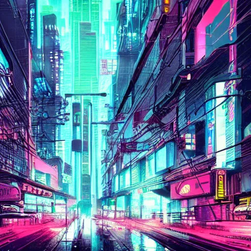 Prompt: neon cyberpunk cityscape, rainy, atmospheric, style of ghost in the shell