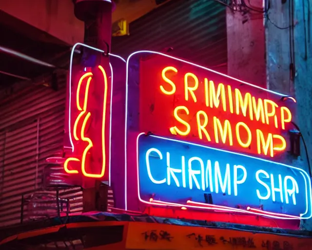 Prompt: neon sign for a shrimp sandwich shop in hong kong, DSLR photography