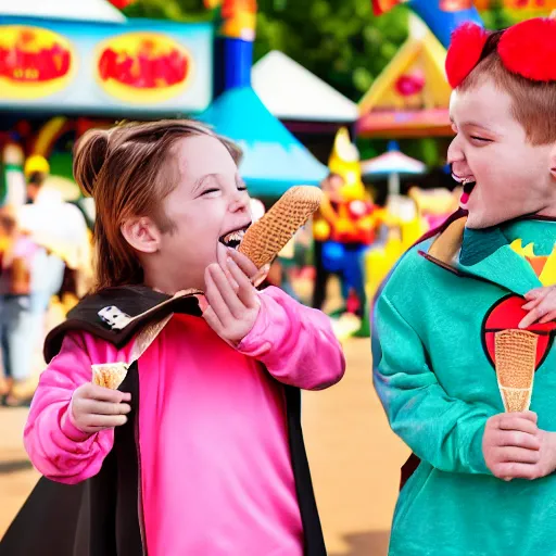 Image similar to batman and robin having fun at a carnival together laughing enjoying ice cream, 4 k