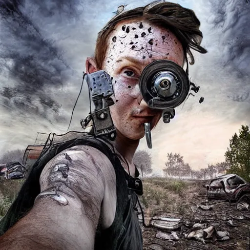 Image similar to the last selfie of mankind, post apocalyptic, digital art, highly detailed, photo realistic