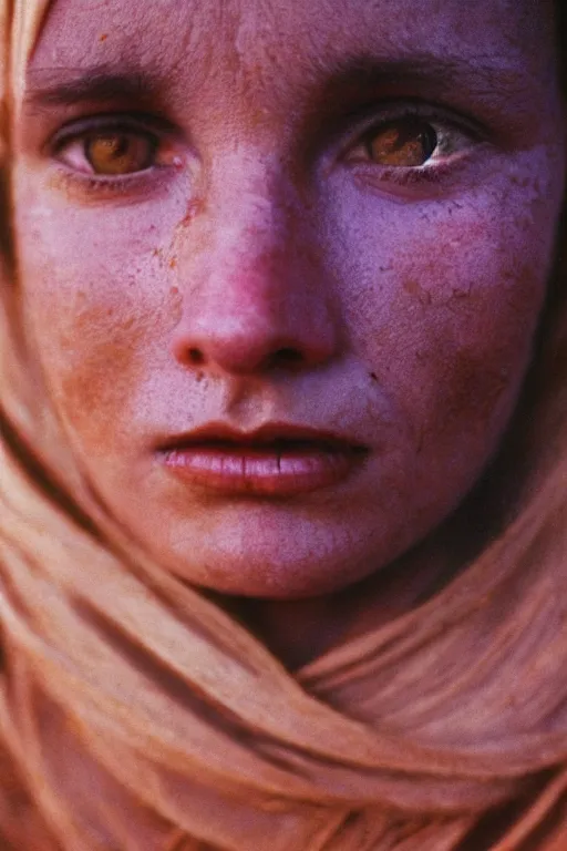 Prompt: close up portrait photography of a white woman with bright eyes standing in desert at night, 35mm, film photo, steve mccurry