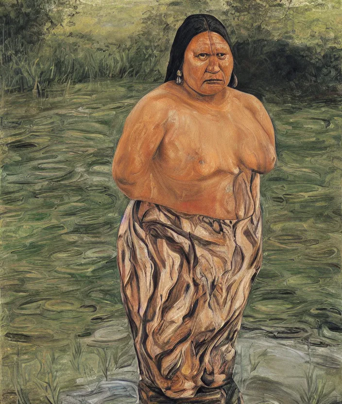 Image similar to indigenous woman standing in a pond, painted by lucian freud, hd, super detailed, realistic, muted colors