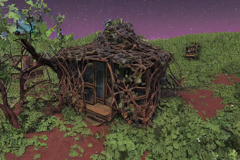 Prompt: a Tinker's shack on a barren planet, wild berry vines, a berry farm, space junk, volcanoes