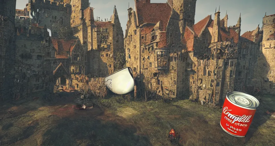 Prompt: ONE!!! GIANT HUGE CAMPBELL SOUP CAN CRASHED!!! INTO a Medieval city!!!!, Soup can crashed into a castle!!!! rendered by Beeple, environment concept, digital art, unreal engine, 3 point perspective, trending on artstation, low level, 4K UHD image, octane render,