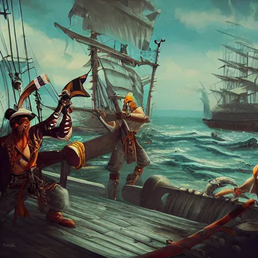 Image similar to photo of pirates in a sword fight, on the deck of a sailing ship, fantasy concept art, trending on artstation