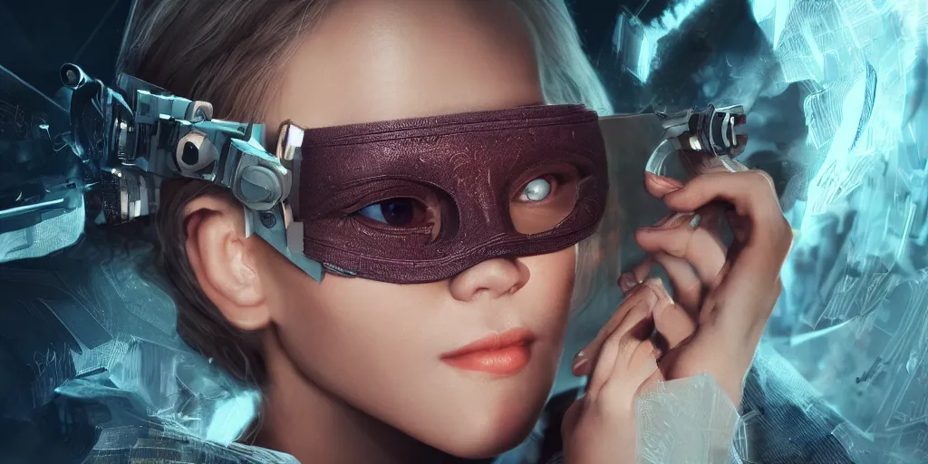 Image similar to 3 d concept art, a woman wears an eye mask display, science fiction, beautiful, cinematic lighting, intricate details, octane rendering, trending on artstation, featured on behance.