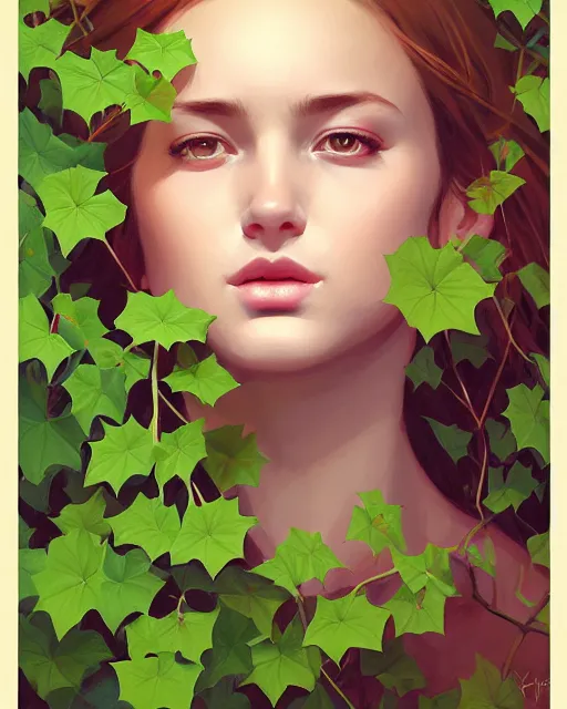 Image similar to stylized portrait of an artistic pose, composition, young lady sorrounded by nature, ivy's, flowers, one single head, realistic shaded, fine details, realistic shaded lighting poster by ilya kuvshinov, magali villeneuve, artgerm, jeremy lipkin and michael garmash and rob rey