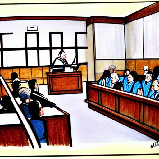 Image similar to [ prompt ridiculous courtroom scene drawn by marilyn church ]