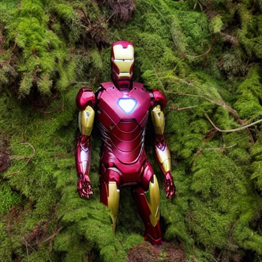 Prompt: abandoned iron man suit in the middle of the forest, overgrown by moss, 4k realistic photo