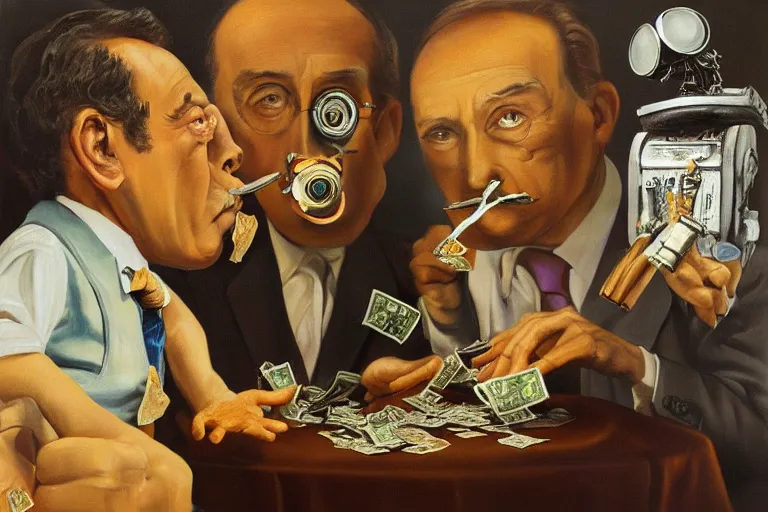 Image similar to Salvador Dali and WALL-E smoking cigars, counting money and holding keys, oil on canvas, artstation, portrait, masterpiece, aesthetic