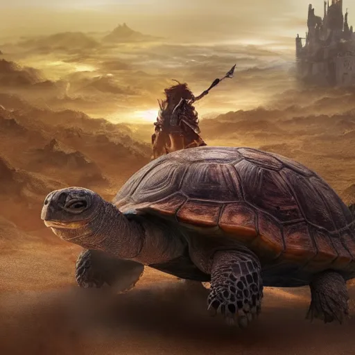 Image similar to gargantuan tortoise with a large fantasy castle armor walking through a sandy wasteland, distant shot centered birds eye view, fantasy, hyper detailed, 4 k, howls moving castle, mortal engines