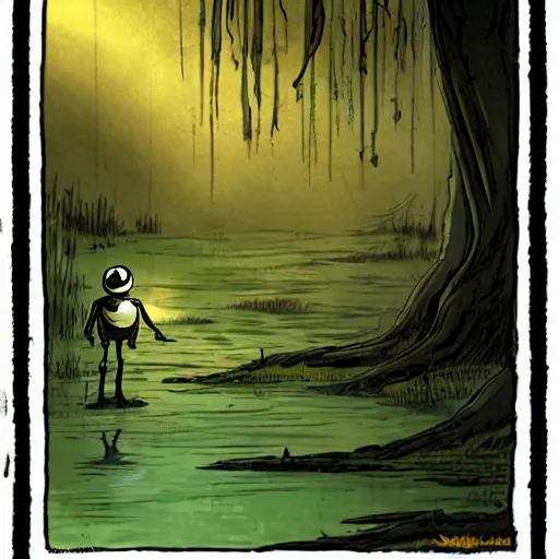 Prompt: illustration of a small and rusty observation droid in a swamp by don bluth, eerie atmosphere, fog, cinematic lighting, pulp adventure comics