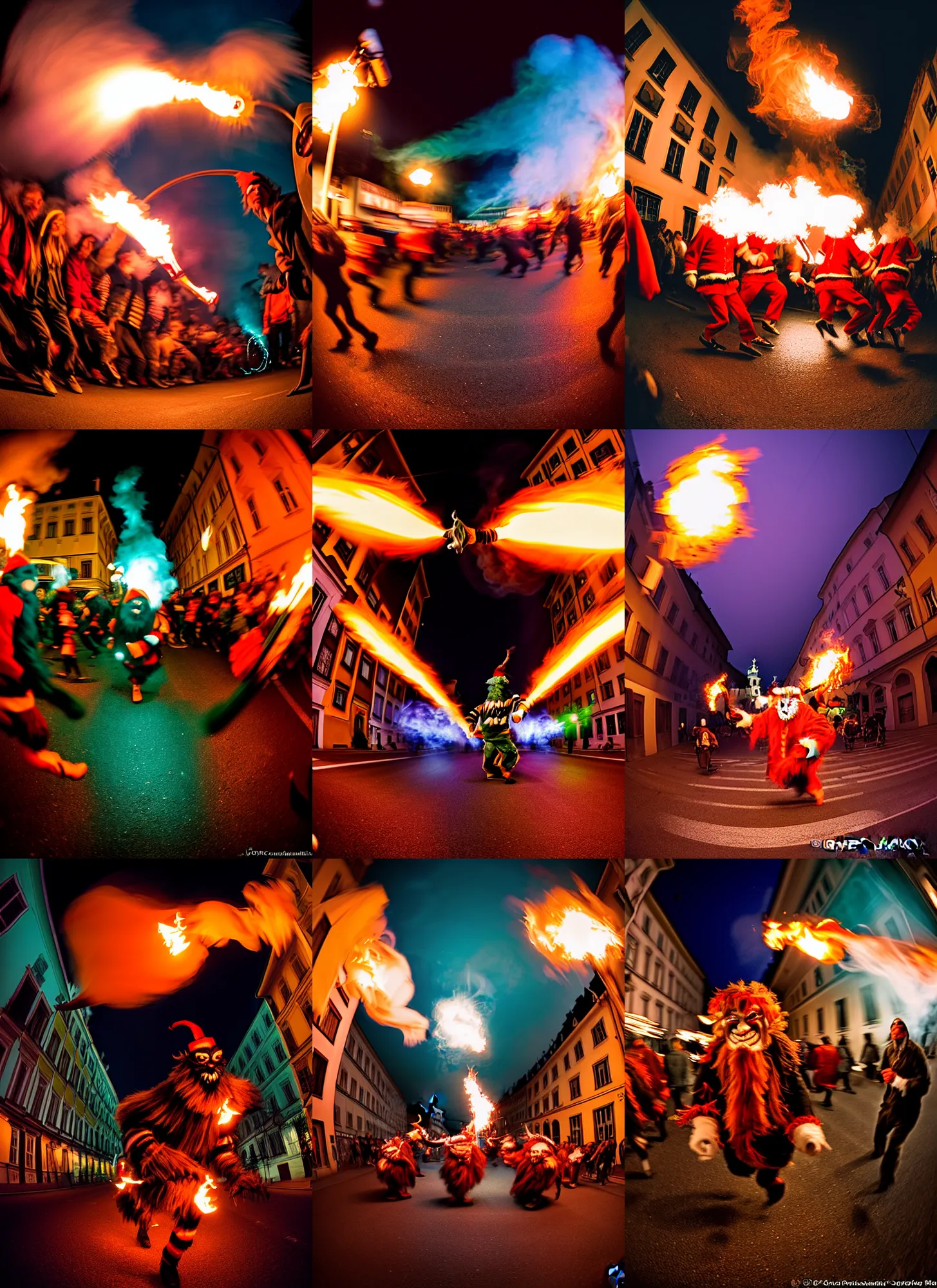 Prompt: kodak portra 4 0 0, award winning dynamic fisheye photograph of hundreds of running hazardous krampus by robert capas, in muted colours, striped orange and teal, motion blur, on a street in salzburg at night with colourful pyro fire and torches