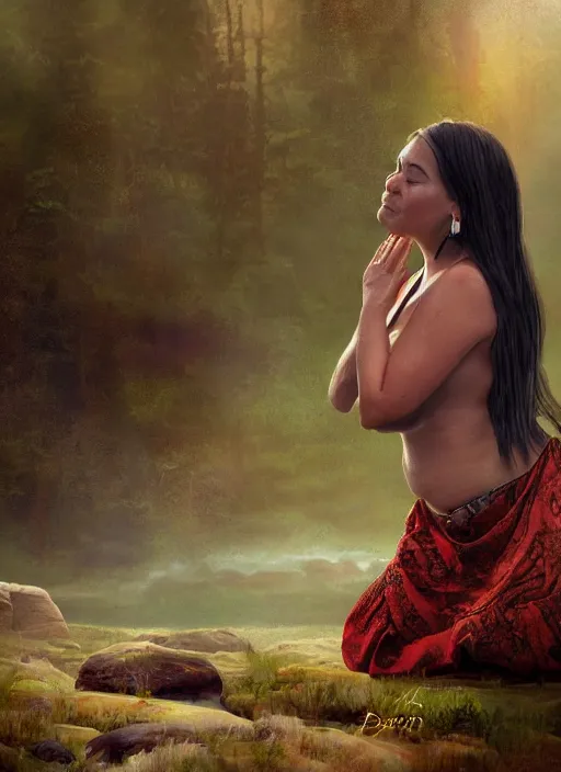 Image similar to acceptance, surrender, letting go, indigenous woman relaxing, matte painting, fantasy art