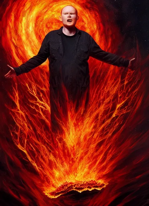 Prompt: bill burr surrounded by a raging firestorm, cosmic horror painting, elegant intricate digital painting artstation concept art by mark brooks and brad kunkle detailed