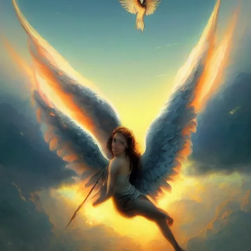 Prompt: A beautiful painting of angels descending from the sky by greg rutkowski and thomas kinkade, sunset background, Trending on artstation, orange to dark blue sky,