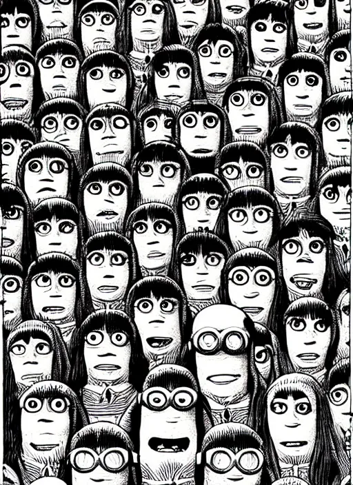 Image similar to portrait of minions, intricate, highly detailed, illustration, art by junji ito, junji ito