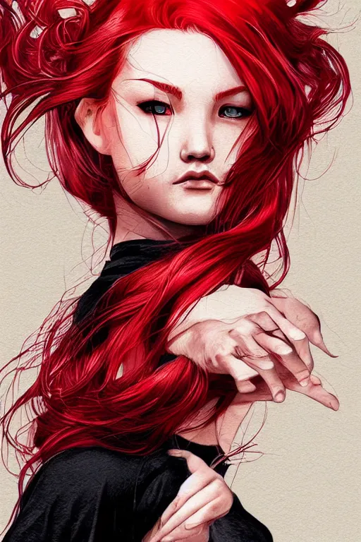 Image similar to girl with red hair. black shirt. can't see face. centered median photoshop filter cutout vector behance hd artgerm jesper ejsing!