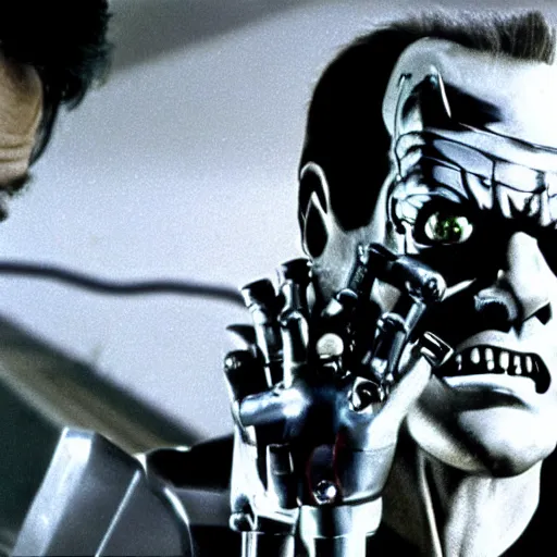 Prompt: Jack Nicholson plays Terminator, epic action scene where his endoskeleton gets exposed, still from the film, cinematic, 80s