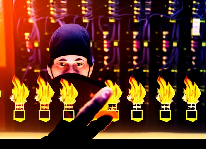 Prompt: A photo of a system administrator doing a thumb up to the camera in front on burning servers, servers in flames, happy system administrator doing a thumb up, uncropped, full body