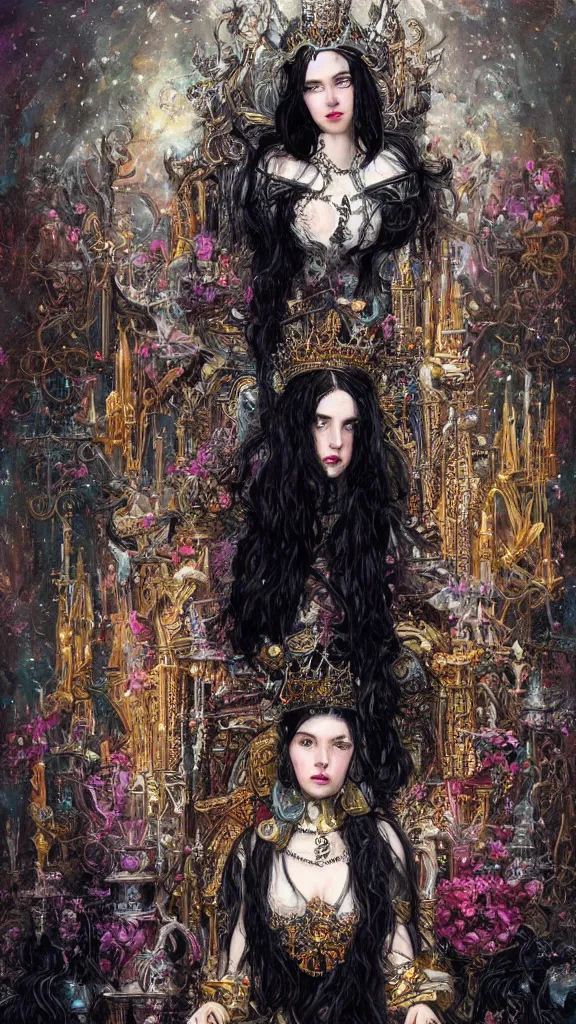 Image similar to painting of a beautiful black haired woman with pale skin and a crown on her head sitted on an intricate metal throne, illustration, artistic, colorful, hyper detailed, in the style of greg rutkowski,