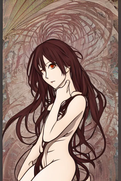 Image similar to Tonemapping Kurisu Makise in the style of Ayami Kojima and Alphonse Mucha