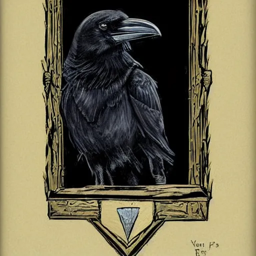 Prompt: portrait of a raven in a vantablack cloak and holding a symbolic weapon. portrait hung up in a windows 9 8 castle. r / oldschoolfantasy