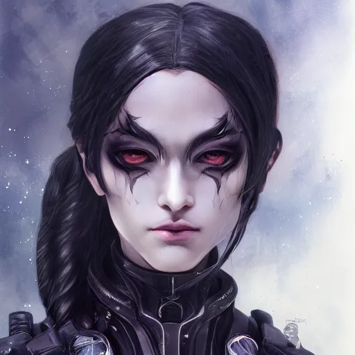 Image similar to portrait of a female dark elf witch by ayami kojima, she is about 2 0 years old, american, black hair, introvert, she is wearing a modern tactical gear, scifi, highly detailed portrait, digital painting, artstation, concept art, smooth, sharp foccus ilustration, artstation hq