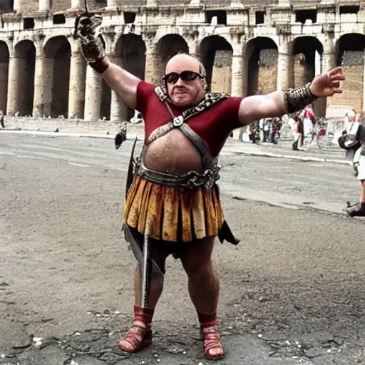 Image similar to Danny DeVito dressed as a gladiator in the streets of Ancient Rome