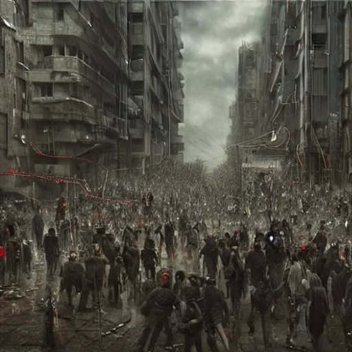 Image similar to hordes of drone-like people aimlessly walking around a depressing dystopian cityscape , trending on artststion, hyper realistic, surreal, melancholic, 8k, upscaled